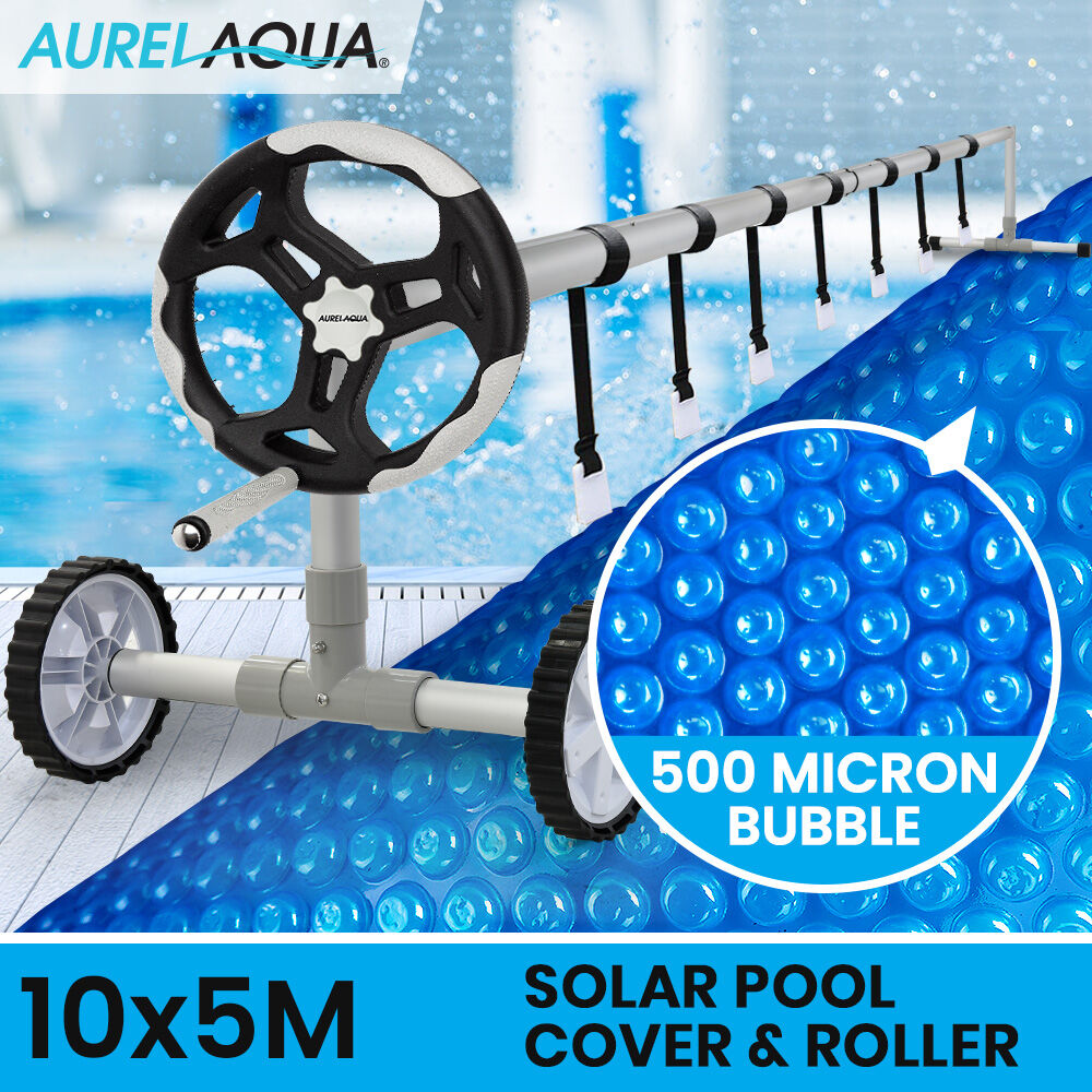 AURELAQUA Pool Cover Roller and 10x5m Solar Blanket 500 Micron, Blue