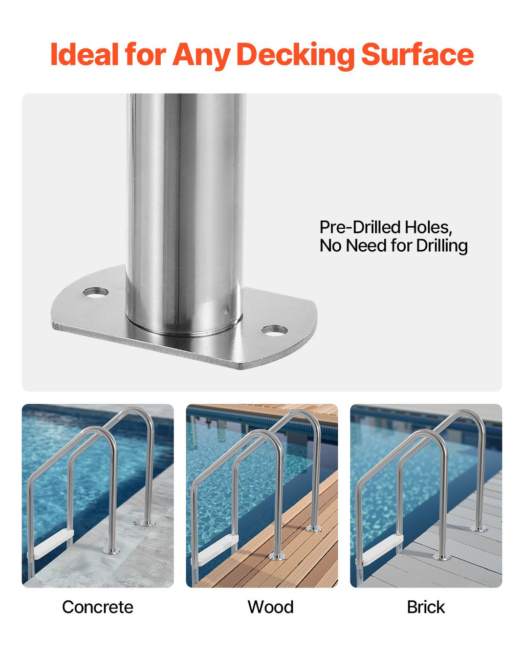 VEVOR Stainless Steel Pool Ladder 3-Step & 2 Handrails for 1219.2-1371.6 mm Pool