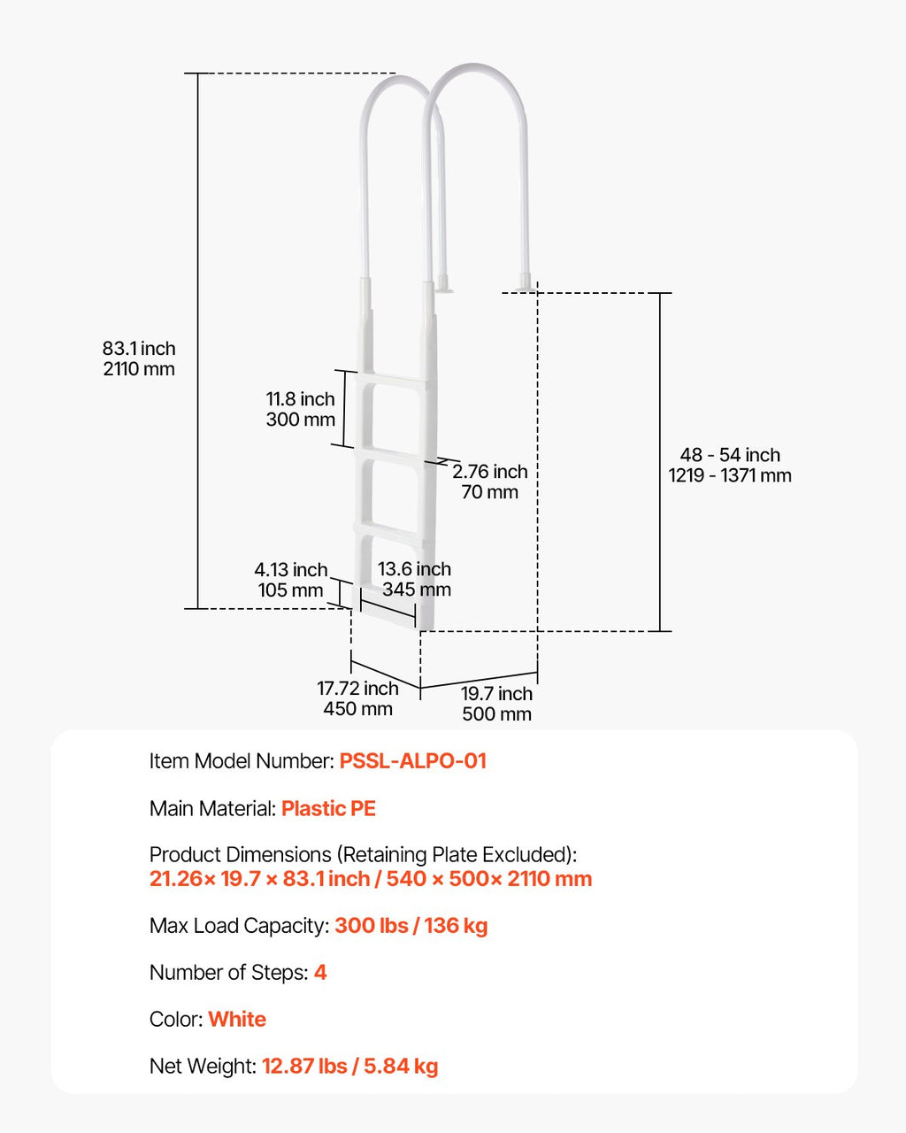 VEVOR Thickened 4-Step Pool Ladder of Double Handrails for 1219.2-1371.6mm Pool
