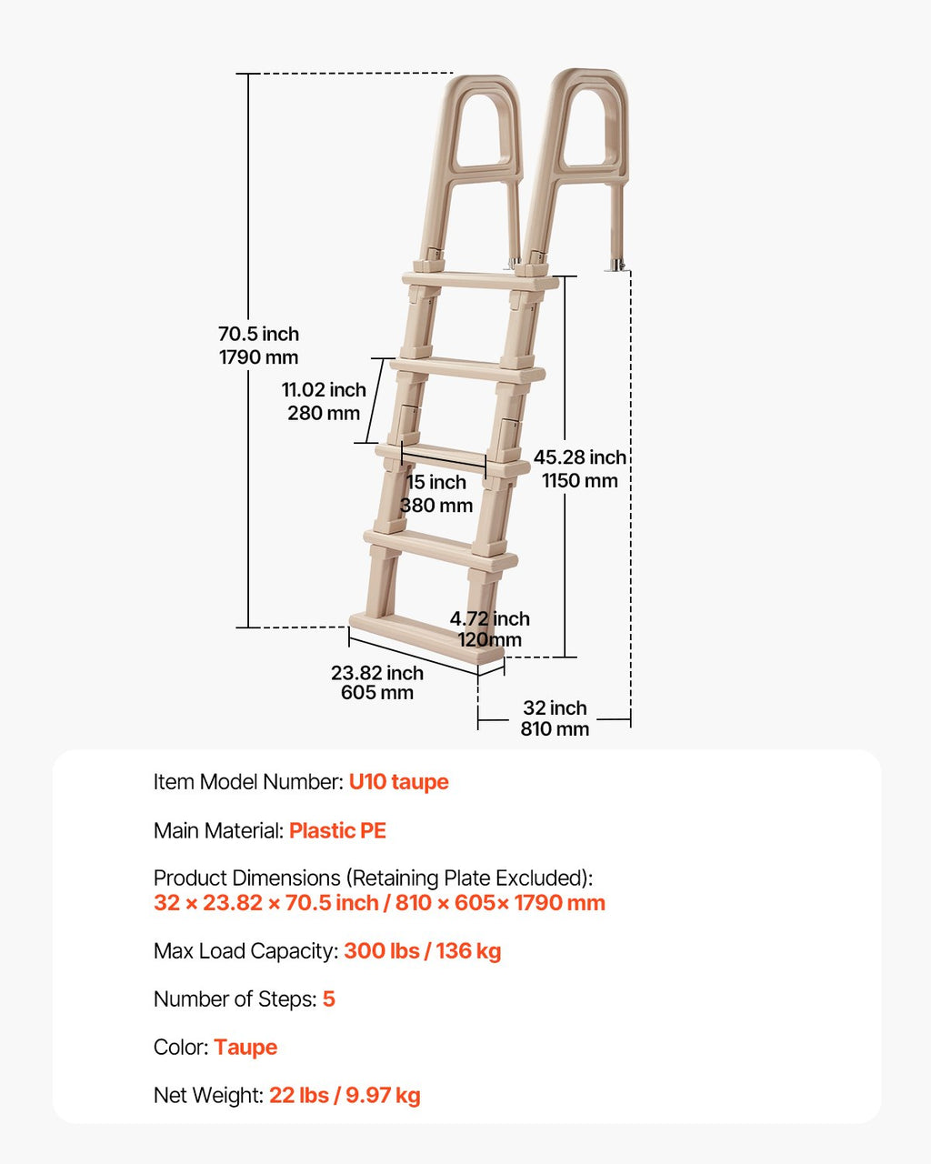 VEVOR 5-Step Inclined Robust Pool Ladder of 2 Handrails for 1219.2-1371.6mm Pool