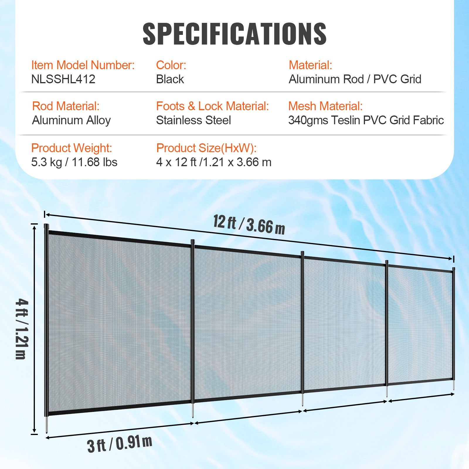 VEVOR Pool Fence, 4 x 12 FT Pool Fences for Inground Pools, Removable Child Safety Pool Fencing, Easy DIY Installation Swimming Pool Fence, 340gms Teslin PVC Pool Fence Mesh Protects Kids and Pets